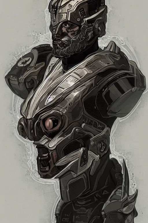 Image similar to Portrait of John Brown with a beard wearing futuristic power armor, fantasy, intricate, highly detailed, digital painting, trending on artstation, sharp focus, illustration, style of Stanley Artgerm and Dan Mumford and Alphonse Mucha