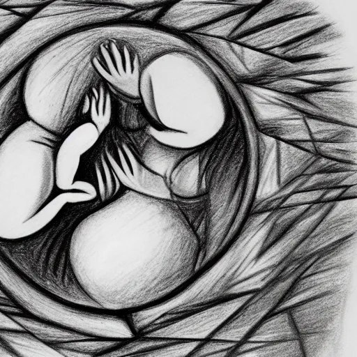 Prompt: a drawing of a pregnant woman giving birth to emerging yin - yang daoist symbol emerging from womb, black and white detailed pencil drawing dao