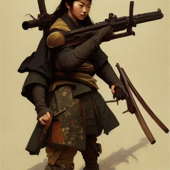 Image similar to a samurai holding a machine gun, au naturel, intricate, hyper realise, digital art, artstation, concept art, smooth render, sharp focus, ian sprigger, artgerm, greg rutkowski, alphonse mucha, william adolphe bouguereau