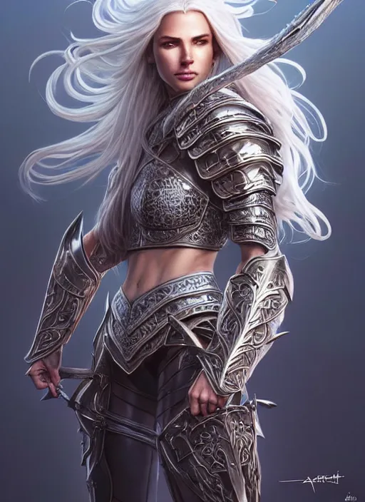 Prompt: opal leather armor!!! long wild white hair!! covered chest!!! fantasy, d & d, intricate ornate details, symmetry, concept art, sharp focus, illustration, art by artgerm! greg rutkowski magali villeneuve wlop! ilya kuvshinov!!, octane render, unreal engine 5, highly rendered!!