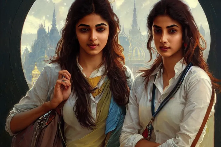 Image similar to Optimistic good looking pale young Indian doctors wearing jeans at the airport, portrait, elegant, intricate, digital painting, artstation, concept art, smooth, sharp focus, illustration, art by artgerm and greg rutkowski and alphonse mucha