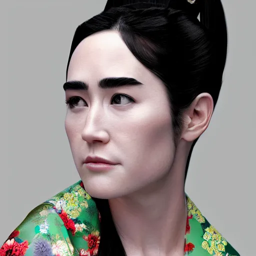 Image similar to Japanese Jennifer Connelly wearing kimono, realistic, photo studio, HDR, 8k, trending on artstation