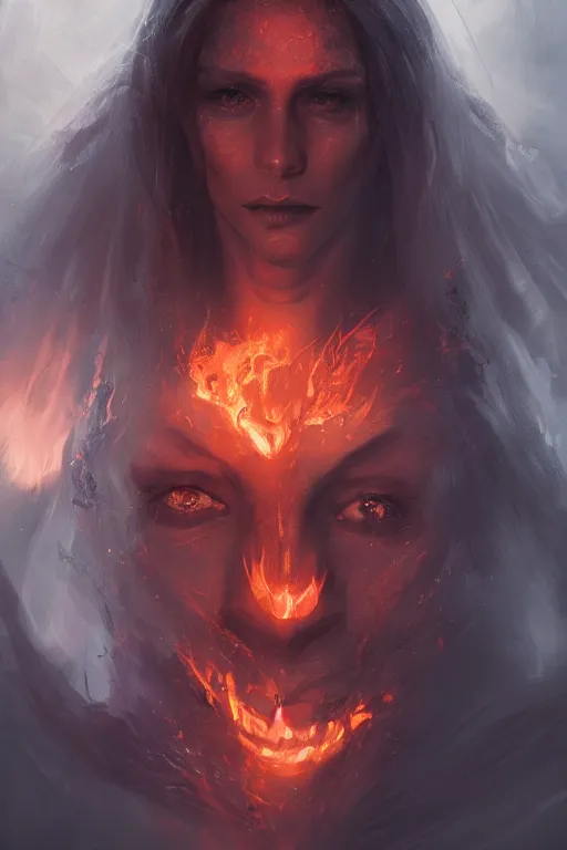 Image similar to princess of eternal fire and death, face portrait, raphael lacoste, eddie mendoza, alex ross, concept art, matte painting, highly detailed, rule of thirds, dynamic lighting, cinematic, detailed, denoised, centerd