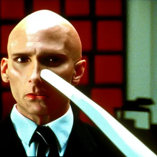 Prompt: Bald Patrick Bateman from American Psycho (2000) with an axe in his hands, at the office