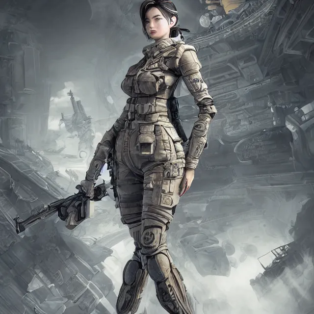 Image similar to the portrait of lawful neutral female futuristic marine sniper as absurdly beautiful, gorgeous, elegant, young gravure idol, an ultrafine hyperdetailed illustration by kim jung gi, irakli nadar, intricate linework, bright colors, octopath traveler, final fantasy, unreal engine 5 highly rendered, global illumination, radiant light, detailed and intricate environment