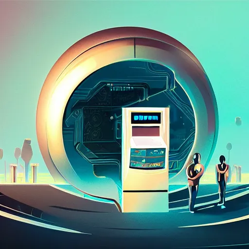 Image similar to An Illustration of a futuristic ATM of Solana cryptocurrency, by James Gilleard and Bruce Pennington, highly detailed,