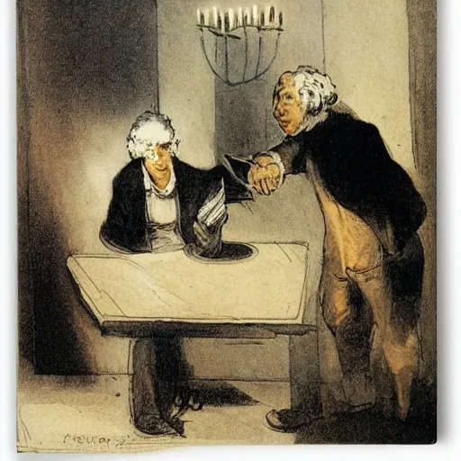 Image similar to two men arguing about neural networks in small room lighted by candles. art by francisco goya - w 1 0 2 4