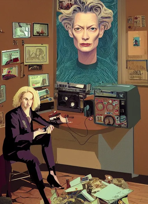 Image similar to Twin Peaks poster artwork by Michael Whelan, Bob Larkin and Tomer Hanuka, Karol Bak of portrait of radio host Tilda Swinton hanging out in her studio radio sound booth, from scene from Twin Peaks, simple illustration, domestic, nostalgic, from scene from Twin Peaks, clean