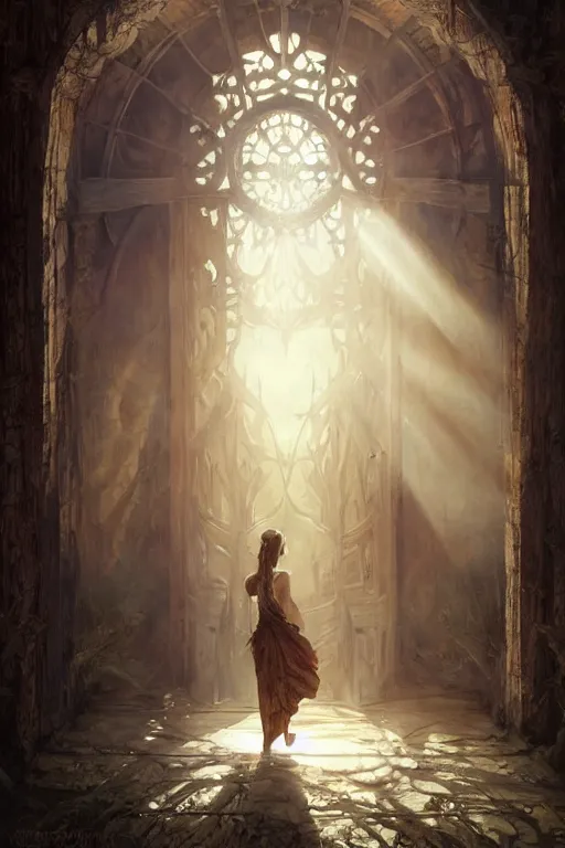 Image similar to large rustic intricately decorated wooden double door, metal handles, a view to a fantasy world, ethereal back light, mist, coherent composition, fantasy painting by artgerm, greg rutkowski, noriyoshi ohrai, yuumei