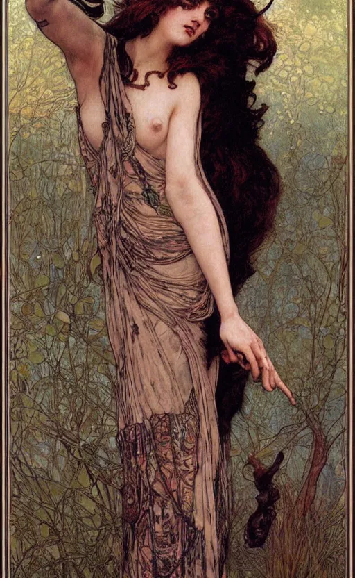 Image similar to dark sensual cryptid woman, beautiful face, dark fantasy art, sharp claws, by alma tadema, by mucha