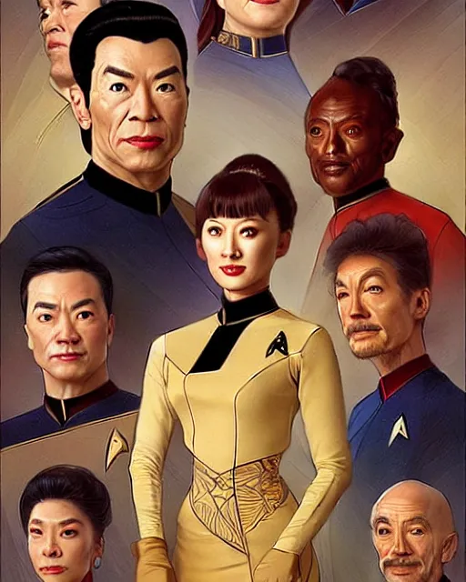 Image similar to Portrait of Star Trek TNG cast but they are chinese, real life skin, intricate, elegant, highly detailed, artstation, concept art, smooth, sharp focus, art by artgerm and greg rutkowski and alphonse mucha