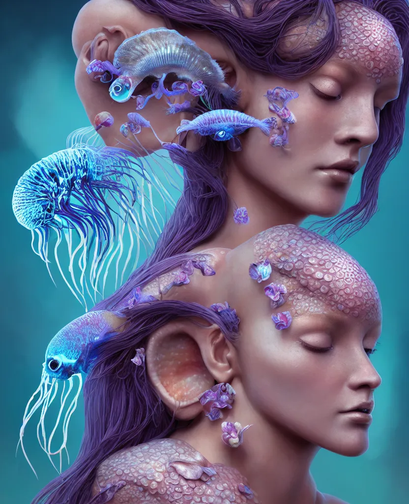 Image similar to goddess close-up portrait of princess face and ram skull. eyes. jellyfish phoenix head, nautilus, orchid, skull, betta fish, bioluminiscent creatures, intricate artwork by Tooth Wu and wlop and beeple. octane render, trending on artstation, greg rutkowski very coherent symmetrical artwork. cinematic, hyper realism, high detail, octane render, 8k