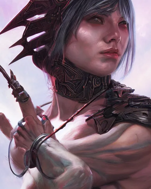 Prompt: a portrait of a muscular female warrior by Ross Tran and Thomas Cole and Wayne Barlowe