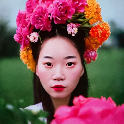 Image similar to extra close-up, color film photography, portrait of a beautiful woman with flowers on her head, in style of ren hang, 35mm, film photo