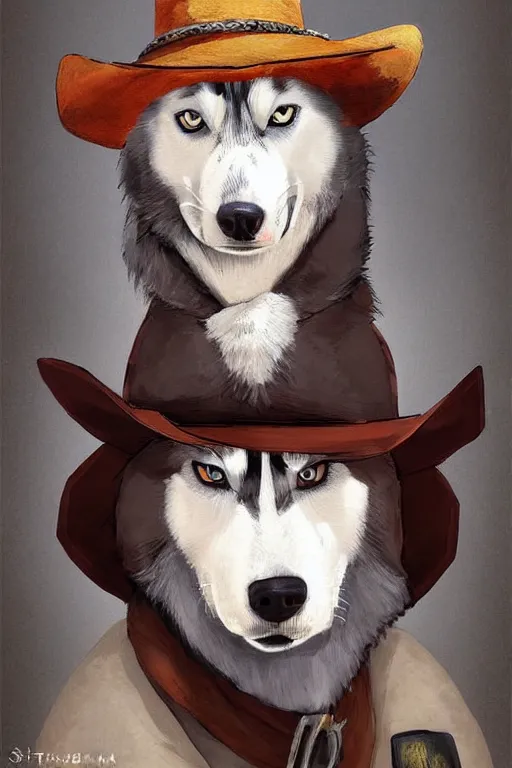 Image similar to a portrait painting of a husky in cowboy costume, wearing a cowboy hat, by studio ghibli, in the style of anime, [ red dead ], [ western film ], humanoid, personify, anthropomorphic, trending on artstation