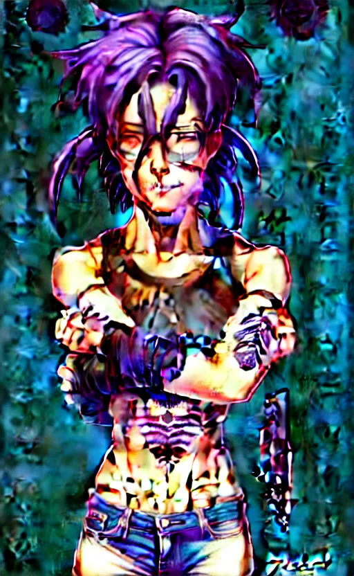 Image similar to a portrait of revy from black lagoon, dilraba dilmurarevy, smirk, black tank top, jean shorts, brown eyes, purple hair, tribal tattoos right arm sleeve, symmetrical eyes, symmetrical face, art by lois van baarle and loish and ross tran and rossdraws and sam yang and artgerm