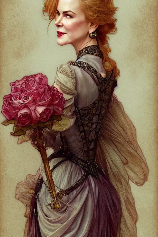 Prompt: Nicole Kidman dressed in a victorian roses dress fashion, D&D, fantasy, intricate, elegant, highly detailed, digital painting, artstation, concept art, matte, sharp focus, illustration, art by Artgerm and Greg Rutkowski and meredit frampton and Alphonse Mucha