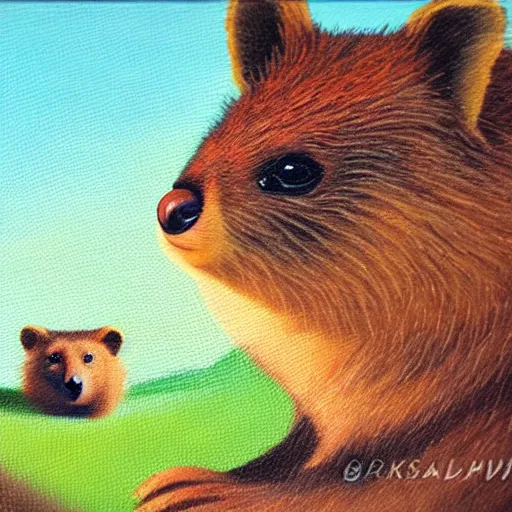 Prompt: detailing portrait oil painting of quokka in the style of grant wood, perfect lighting