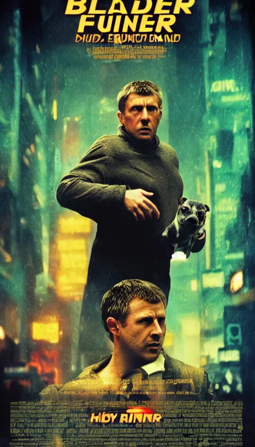 Prompt: movie poster of blade runner with french bulldogs, highly detailed, hyper realistic, large text, low saturation