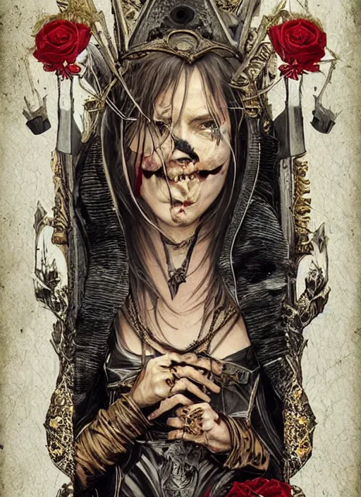 Image similar to tarot card :: horror :: vampires and draculas :: cult and clan :: hearts and roses :: gold and silver :: guns and swords :: highly details :: intricate details :: Sandra Chevrier and bastien lecouffe deharme