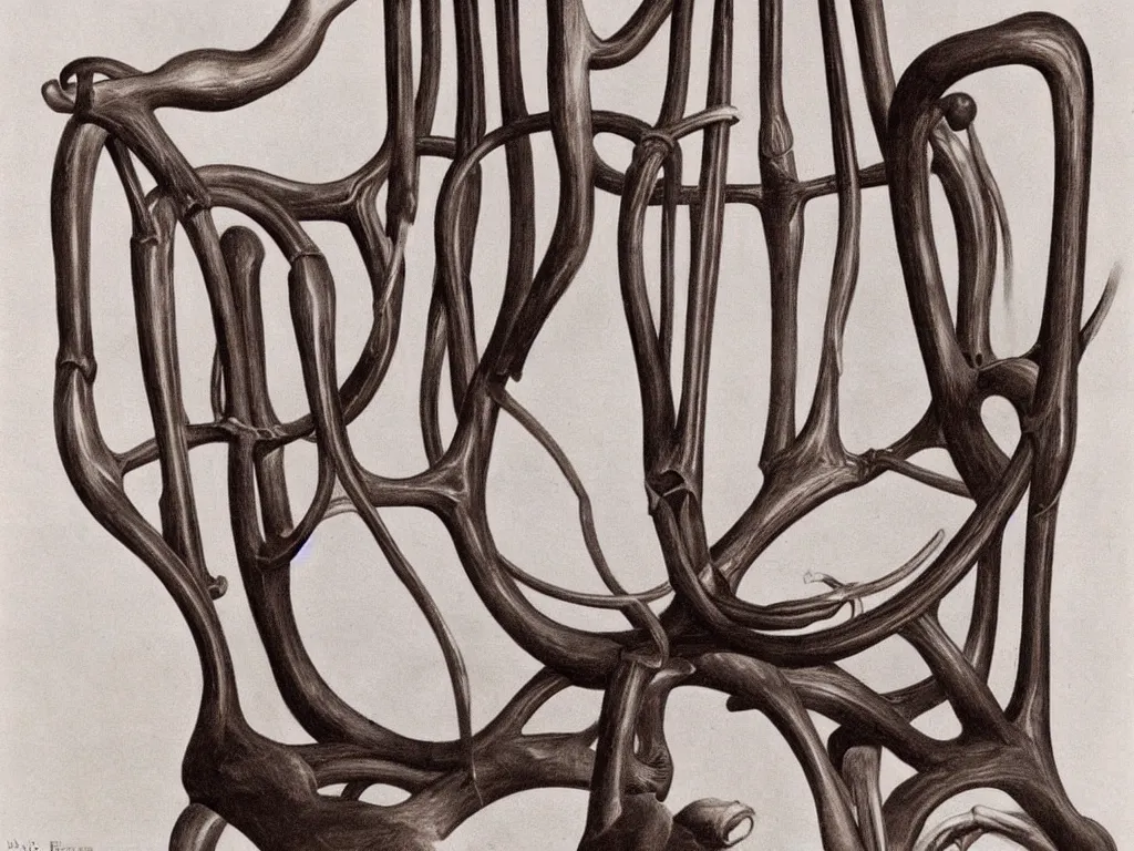 Image similar to gothic chair with human circulatory system, anatomic. painting by karl blossfeldt, salvador dali