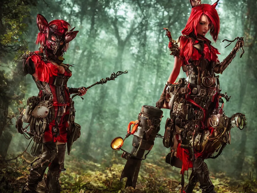 Prompt: mystical monsters in forest hunting on gamekeeper - red ridding hood. she wearing a steampunk and neonpunk mechanical fluorescent mystical animal masks. realistic fornite style. full body. product introduction photos. luminescent, elements, by stanley artgerm lau. epic cinematic shot, perfectly defined features, ambient occlusion