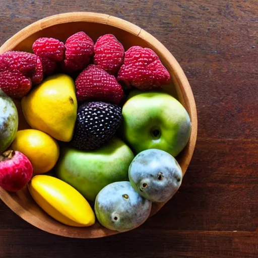 Prompt: a fruit bowl, view from above, movie still, 8 k