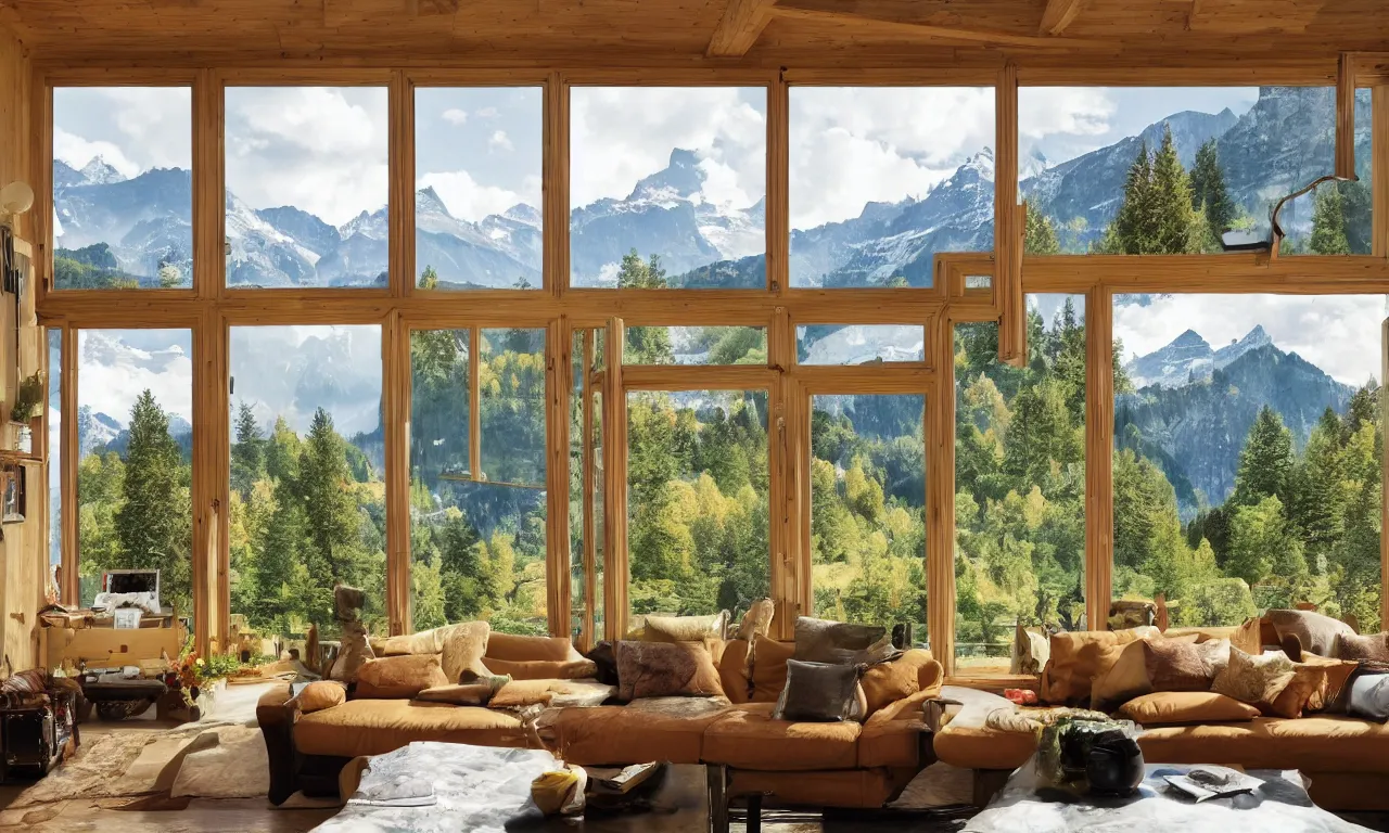 Image similar to fantastical living room with switzerland landscape in the window