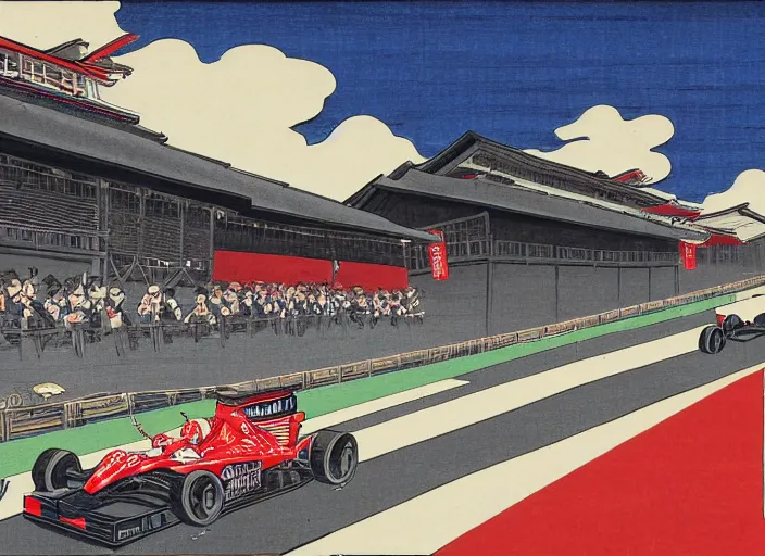 Image similar to ukiyo - e painting of formula 1 cars at circuit de spa - francorchamps