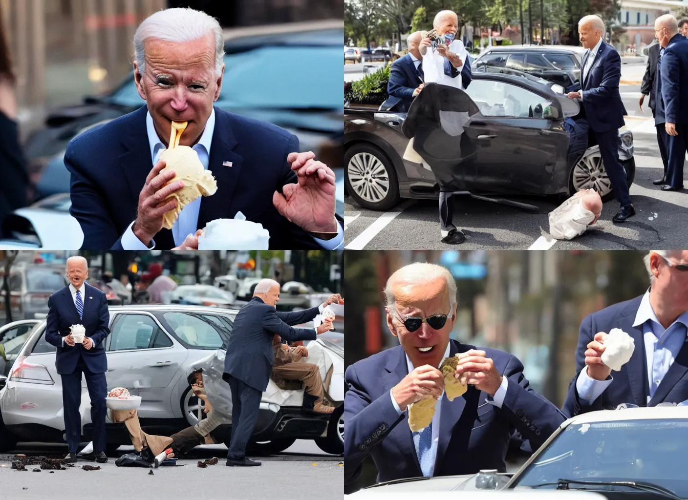 Prompt: joe biden eating ice cream while getting hit by a car