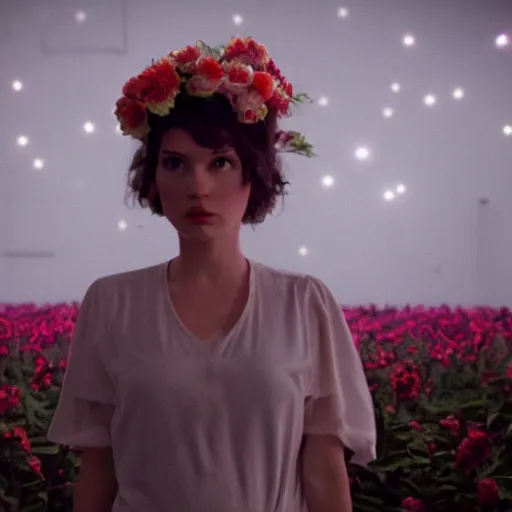 Image similar to movie still of the girl with the flowers head, cinematic composition, cinematic light, by edgar wright and david lynch