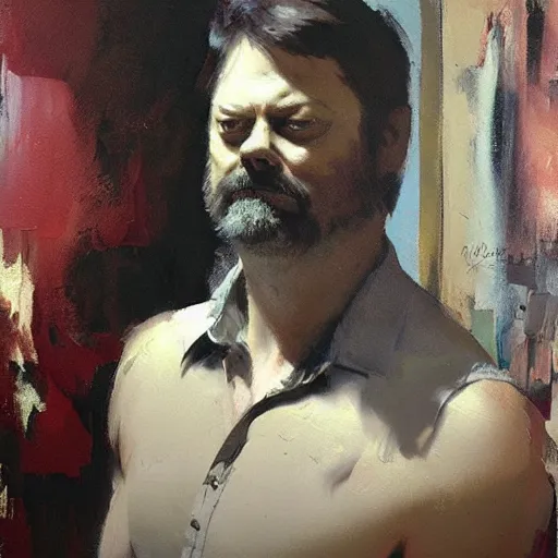 Image similar to nick offerman with body of a cat, jeremy mann painting