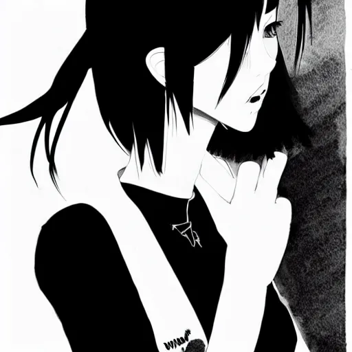 Image similar to an ink drawing of a tech punk girl by ilya kuvshinov, black and white