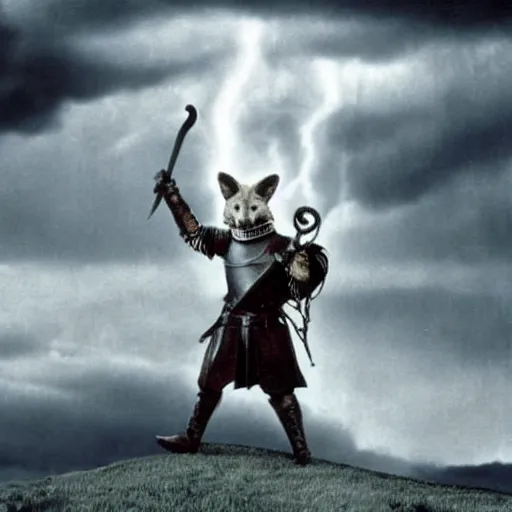 Image similar to anthropomorphic fox!! who is a medieval knight holding a sword towards a stormy thundercloud 1 9 3 0 s film still, castle in the background