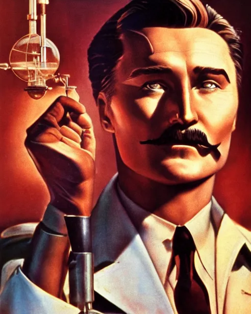 Image similar to Errol Flynn as a scientist. 1980s dystopian Soviet Russia, propaganda screens. Unreal engine, fantasy art by Peter Lerner. Faithfully depicted facial expression, perfect anatomy global illumination, radiant light, detailed and intricate environment