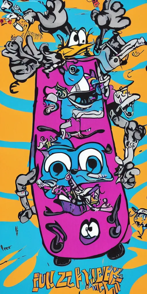 Prompt: fuzzbucket skateboard art by jamie thomas and toy machine, disney channel,