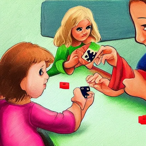Prompt: jesus child playing uno with devil child, cute art work