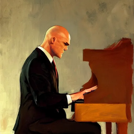 Image similar to agent 4 7 from hitman wearing headphones while playing a piano, by gregory manchess, james gurney, james jean