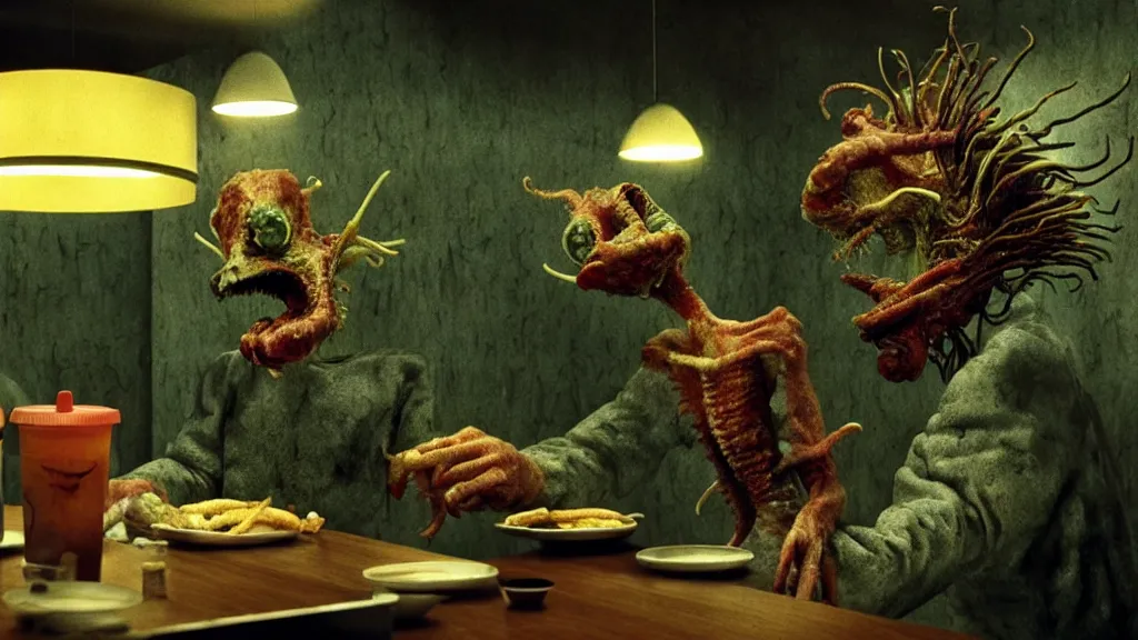 Prompt: the strange creature at the fast food place, they scare my family, film still from the movie directed by denis villeneuve and david cronenberg with art direction by salvador dali and zdzisław beksinski