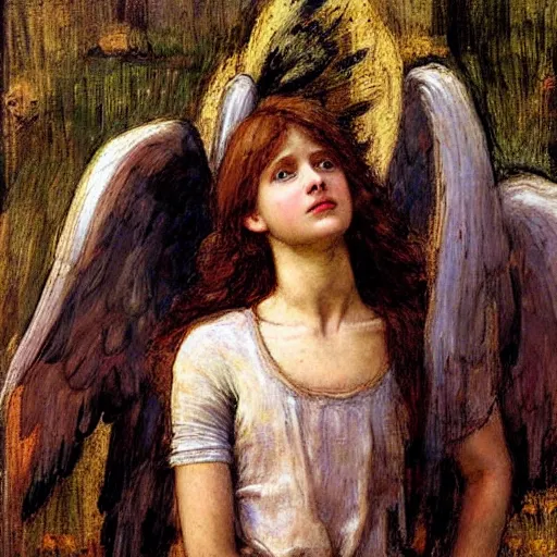 Prompt: An angel losing their wings calmly in the style of John William Waterhouse