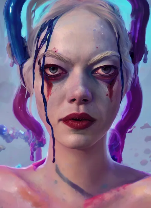 Image similar to underwater biopunk portrait of emma stone as harley quinn, au naturel, hyper detailed, digital art, trending in artstation, cinematic lighting, studio quality, smooth render, unreal engine 5 rendered, octane rendered, art style by klimt and nixeu and ian sprigger and wlop and krenz cushart.