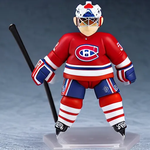 Image similar to high quality portrait flat matte painting of cute Nendoroid figurine of Patrick Roy Goaltender, in the style of nendoroid and manga NARUTO, number 33 on jersey, Patrick Roy Goaltender, An anime Nendoroid of Patrick Roy, hall of fame goalie Patrick Roy!!!, number 33!!!!!, Montreal Habs Canadiens figurine, detailed product photo, flat anime style, thick painting, medium close-up