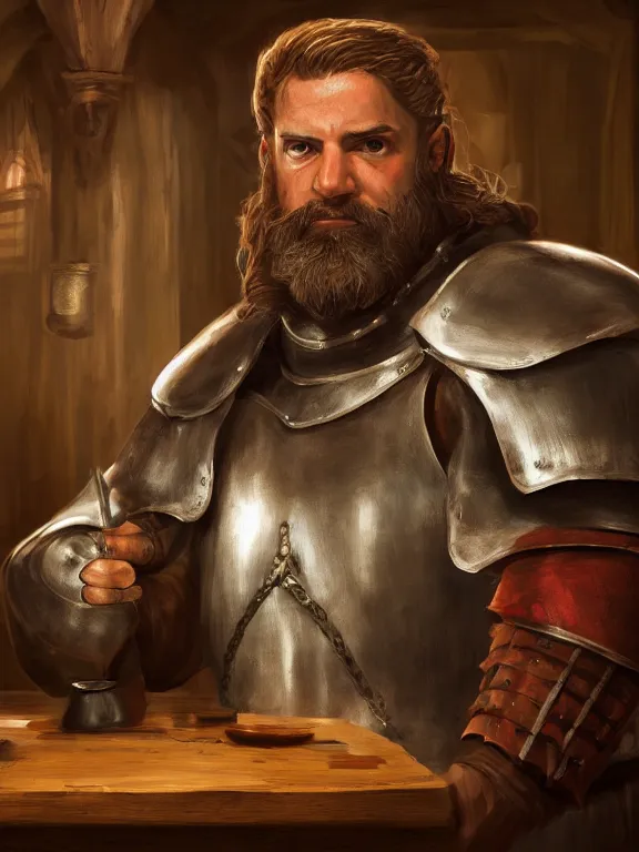 Prompt: portrait art of a strong, burly, medieval knight in a tavern, D&D, fantasy, digital painting, 8k ultra realistic , atmosphere, glow, detailed, cinematic lighting, trending on artstation, 4k, hyperrealistic, extreme details