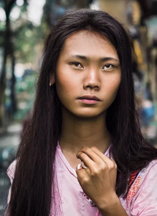 Image similar to Mid-shot portrait of a very beautiful 20-years-old woman from Indonesia, with long hair, candid street portrait in the style of Martin Schoeller award winning, Sony a7R