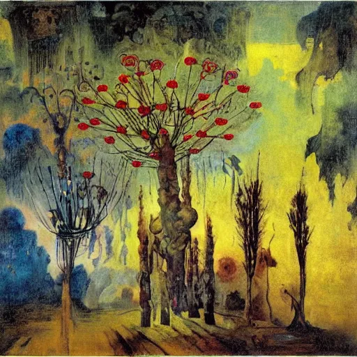 Image similar to impressionist symetrical fiction hugo wojciech siudhinski and lajos gulacny, lowbrow, 4 k 4 k colorful eldritch village tequila tree, by francisco goya and ted