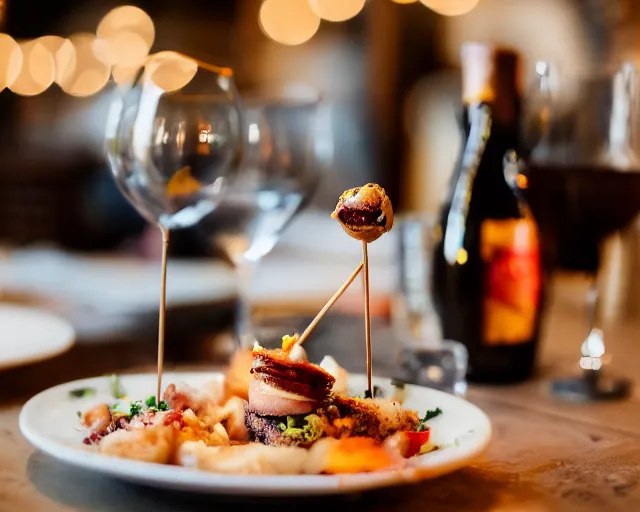 Prompt: 8 5 mm food photography of eyeballs on a skewer at a restaurant with dof and bokeh and wine glasses out of focus in the background. highly detailed 8 k. intricate. lifelike. soft diffused light. nikon d 8 5 0.