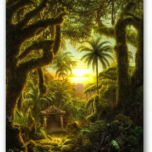 Image similar to a jungle temple surrounded by moss and tropical flowers, with a sunset, by alex horley