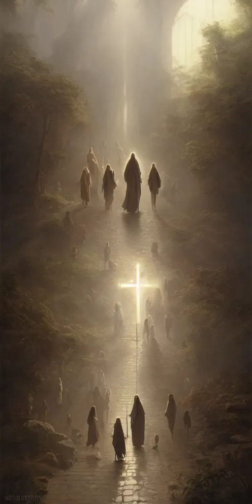 Image similar to jesus christ and the disciples walking, 8 k, denoised, by greg rutkowski, tom bagshaw, james gurney cozy atmospheric and cinematic lightingg