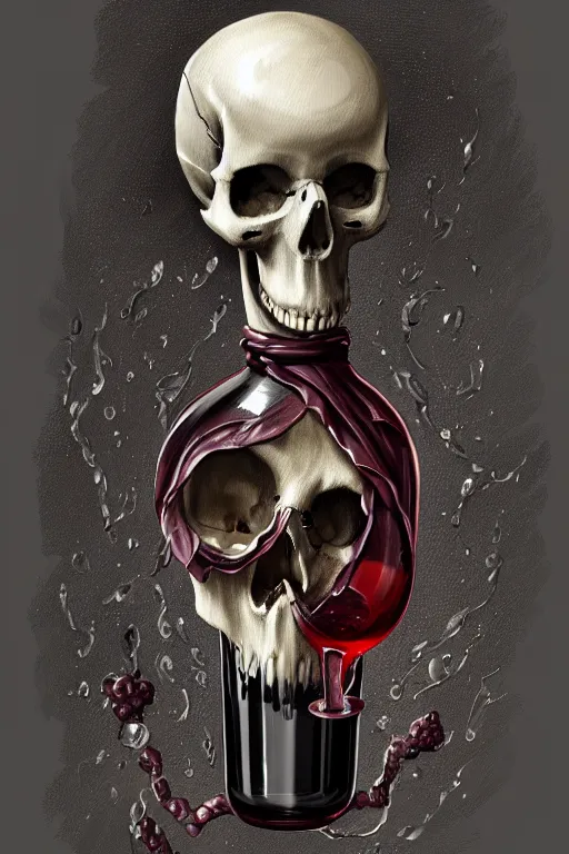 Image similar to Old alchemic manuscript detailing death with skull face holding broken wine bottle,intricate, elegant, highly detailed, digital painting, artstation, concept art, smooth, sharp focus, illustration, art by Ilja Repin