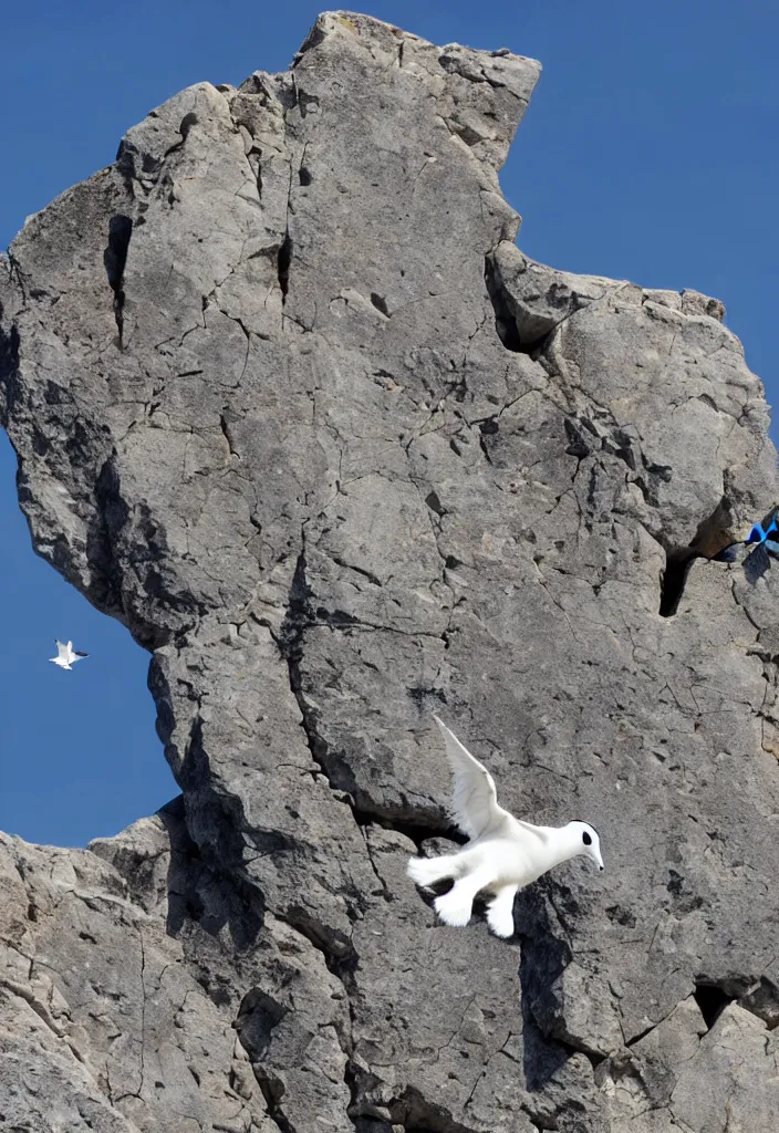 Image similar to a mountain goat flying an impossible distance through the air between two peaks | pure white doves flying in and out of a large chimney |